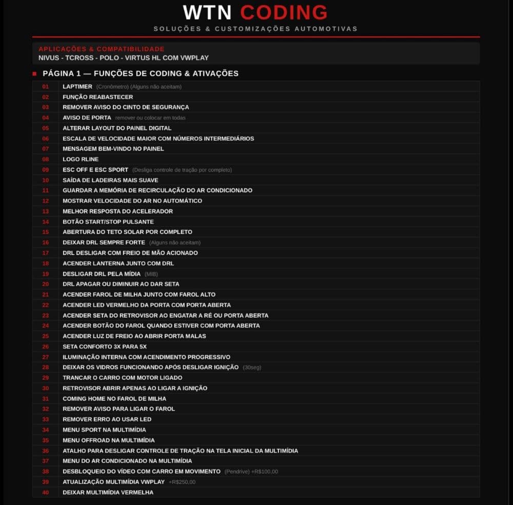 Coding NIVUS - TCROSS - POLO - VIRTUS HL COM VWPLAY